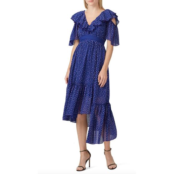 Three Floor Polka Dot Ada Dress Blue Ruffles V Neck Midi - Picture 12 of 12